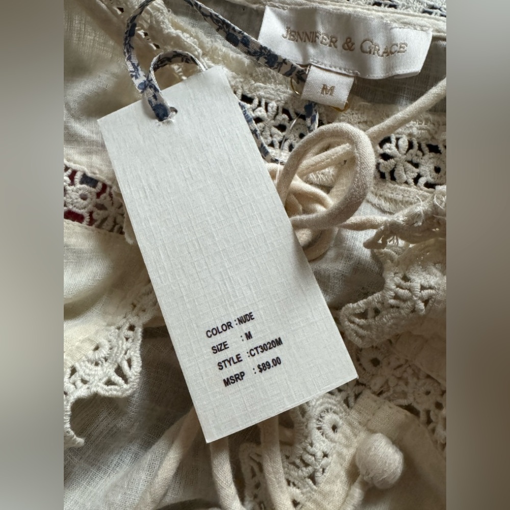 Ivory Nude Embroidered Peasant Blouse with Lace Ties - Picture 8 of 12